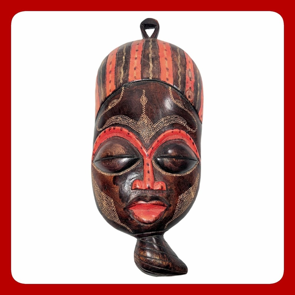 Vintage Boho Hand Carved Wood African Style Mask Wall Hanging Art Red Black 17in